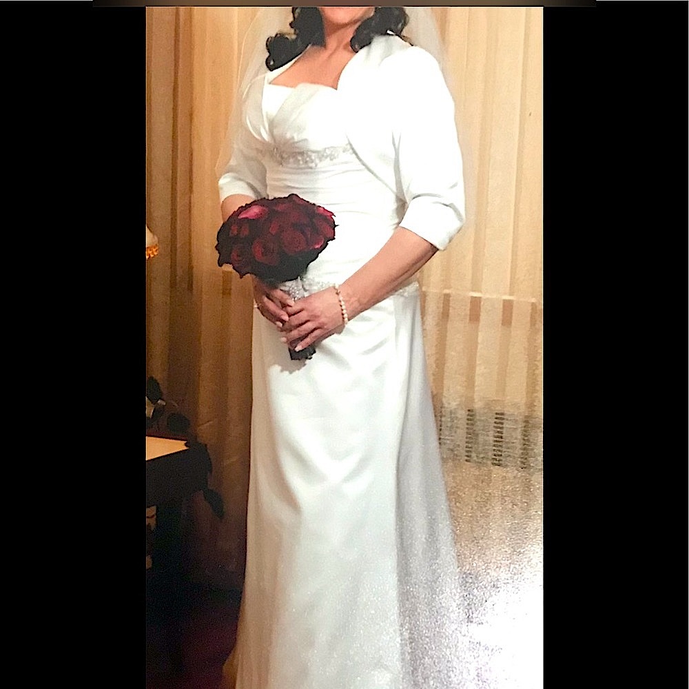 HP💖Cosmobella Strapless White Satin Wedding Dress with Bolero